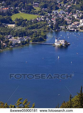 Stock Image - View from the treetop path at Grünberg to Lake Traun Castle Ort and Gmunden, Salzkammergut, Upper Austria, Austria, Europe. Fotosearch