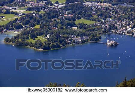 Stock Image - View from the treetop path at Grünberg to the Lake Traun Toscana Park Schloss Ort and Gmunden, Salzkammergut, Upper Austria, Austria, Europe. Fotosearch