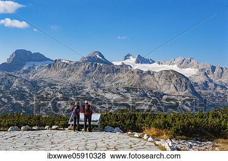 Stock Photo - View from the World Heritage Site to the Hoher Dachstein, Dachstein Massif, Krippenstein cable car, Obertraun, Salzkammergut, Upper Austria, Austria, Europe. Fotosearch