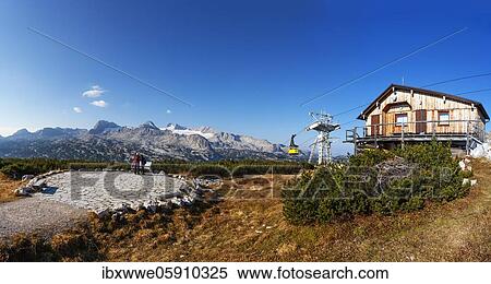 Stock Photography - View from the World Heritage Site to the Hoher Dachstein, Dachstein Massif, Krippenstein cable car, Obertraun, Salzkammergut, Upper Austria, Austria, Europe. Fotosearch