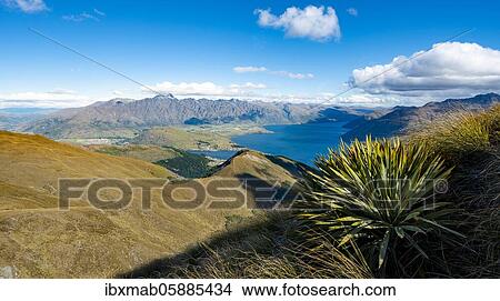 Picture - View of Lake Wakatipu and Mountain Range The Remarkables, Ben Lomond, Southern Alps, Otago, South Island, New Zealand, Oceania. Fotosearch