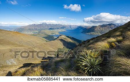 Stock Image - View of Lake Wakatipu and Mountain Range The Remarkables, Ben Lomond, Southern Alps, Otago, South Island, New Zealand, Oceania. Fotosearch