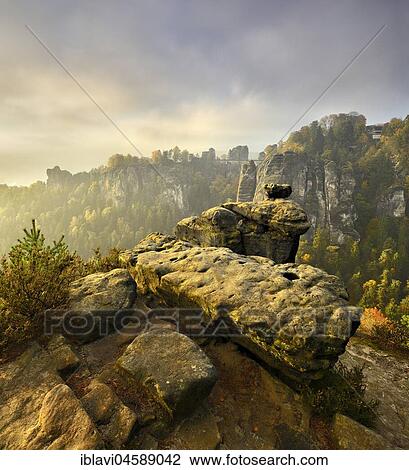 Stock Image - View of the Bastei bridge, morning light, Elbsandsteingebirge, Rathen, National Park Saxon Switzerland, Saxony, Germany, Europe. Fotosearch