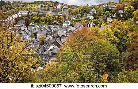 View of the medieval city in autumn, Monschau, Eifel, North Rhine-Westphalia, Germany, Europe View Large Photo Image Stock Photo - View of the medieval city in autumn, Monschau, Eifel, North Rhine-Westphalia, Germany, Europe. Fotosearch