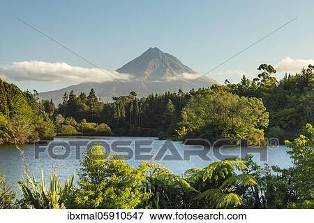 Stock Photo - View over Lake Mangamahoe to Mount Taranaki (2518m), Oceania, Egmont National Park, Taranaki, North Island, New Zealand, Oceania. Fotosearch