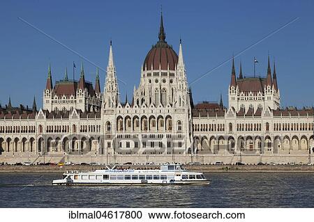 Stock Image - View over the Danube to Parliament, Pest, Budapest, Hungary, Europe. Fotosearch