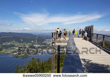 Stock Image - Viewing platform with view to the Lake Traun and Gmunden at Grünberg, treetop path Salzkammergut, Gmunden, Salzkammergut, Upper Austria, Austria, Europe. Fotosearch