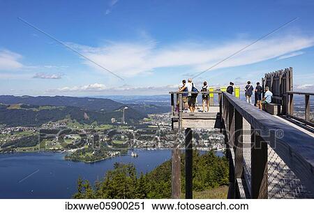 Stock Image - Viewing platform with view to the Lake Traun and Gmunden at Grünberg, treetop path Salzkammergut, Gmunden, Salzkammergut, Upper Austria, Austria, Europe. Fotosearch