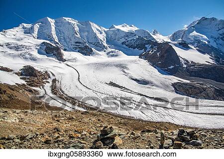 Stock Image - Viewpoint on the Diavolezza with Piz Palü, Bellavista and Persglacier, Vadret Pers, Pontresina, Bernina Alps, Upper Engadine, Engadine, Grisons, Switzerland, Europe. Fotosearch