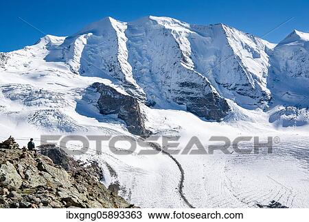 Stock Image - Viewpoint on the Diavolezza with Piz Palü and Persgletscher, Vadret Pers, Pontresina, Bernina Alps, Upper Engadine, Engadine, Grisons, Switzerland, Europe. Fotosearch