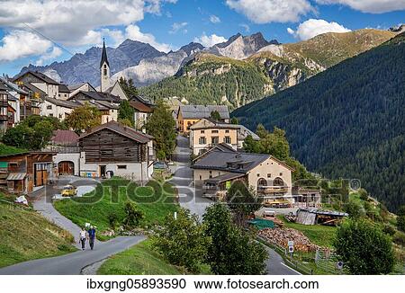 Stock Image - Village overview, mountain village Guarda, Inn valley, Lower Engadine, Engadine, Grisons, Switzerland, Europe. Fotosearch
