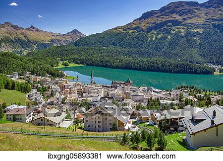 Stock Image - Village overview with Lake St. Moritz, St. Moritz, Bernina Alps, Upper Engadine, Engadine, Grisons, Switzerland, Europe. Fotosearch