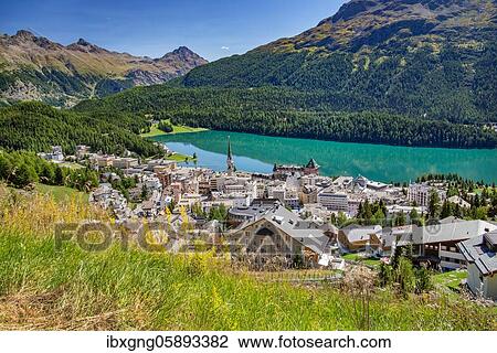 Stock Image - Village overview with Lake St. Moritz, St. Moritz, Bernina Alps, Upper Engadine, Engadine, Grisons, Switzerland, Europe. Fotosearch