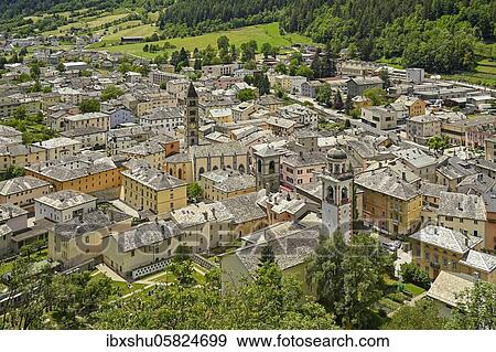 Stock Photo - Village view with collegiate church St. Viktor and reformed church, Poschiavo, Puschlav, Canton Graubünden, Switzerland, Europe. Fotosearch