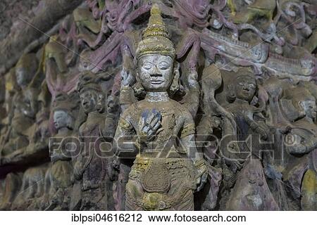 Stock Image - Wall carvings inside Shitthaung Paya, Mrauk U, Burma, Myanmar, Asia. Fotosearch