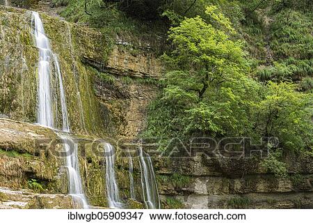 Stock Photo - Waterfall of the Herisson, Cascades des Herisson, Franche-Comte, French Jura, France, Europe. Fotosearch