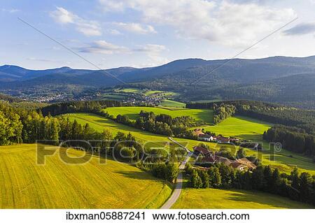 Stock Image - Weiler Silbersbach between Lohberg and Lam, Lamer Winkel, on the left Großer and Kleiner Arber, drone picture, Bavarian Forest, Upper Palatinate, Bavaria, Germany, Europe. Fotosearch