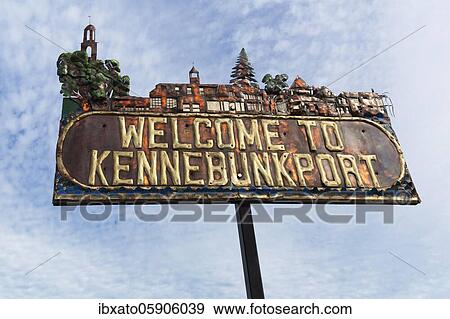 Stock Photo - Welcome sign at the entrance of the town, USA, Welcome to Kennebunkport, Kennebunkport, Maine, York County, New England, Great Britain, North America. Fotosearch