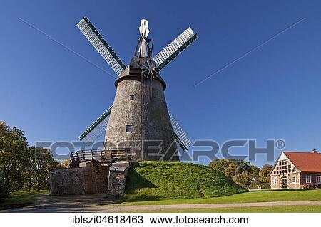 Stock Image - Windmill Exter with half-timbered house Mühlenblick, Vlotho, Ostwestfalen-Lippe, North Rhine-Westphalia, Germany, Europe. Fotosearch
