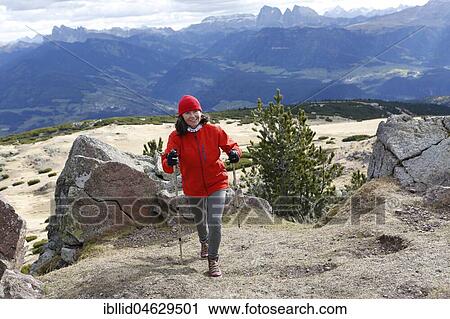 Woman hiking in the mountains, hiking area Rittner Horn, also Rittnerhorn, South Tyrol, Italy, Europe View Large Photo Image Stock Image - Woman hiking in the mountains, hiking area Rittner Horn, also Rittnerhorn, South Tyrol, Italy, Europe. Fotosearch