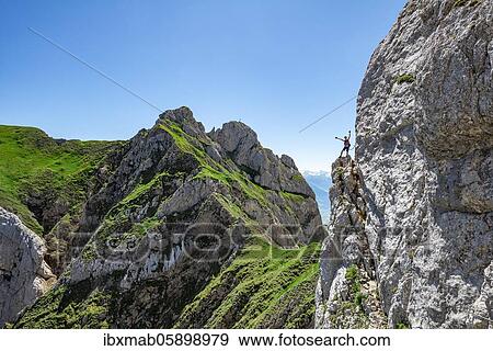 Young man stretches arms in the air, fixed rope route to the Seekarlspitze, 5-summit fixed rope route, hike at the Rofan Mountains, Tyrol, Austria, Europe View Large Photo Image Stock Photo - Young man stretches arms in the air, fixed rope route to the Seekarlspitze, 5-summit fixed rope route, hike at the Rofan Mountains, Tyrol, Austria, Europe. Fotosearch