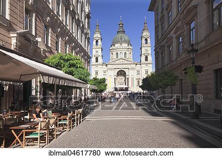 Stock Image - Zrinyi utca street with St. Stephen's Basilica, Pest, Budapest, Hungary, Europe. Fotosearch