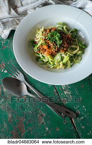 Zucchini pasta with lentils View Large Photo Image Picture - Zucchini pasta with lentils. Fotosearch
