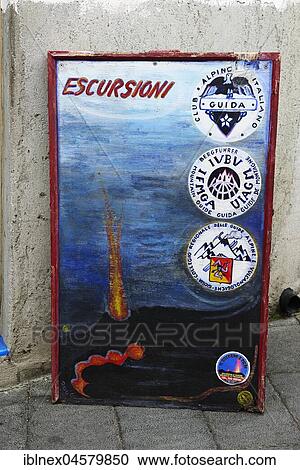 Stock Image - Advertisement for guided volcano tours, Stromboli Island, Lipari Islands, Italy, Europe. Fotosearch