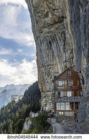 Picture - Aescher guesthouse near Wildkirchli below the Ebenalp, Alpstein, Canton of Appenzell Innerrhoden, Switzerland, Europe. Fotosearch
