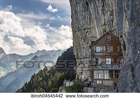 Stock Image - Aescher guesthouse near Wildkirchli below the Ebenalp, Alpstein, Canton of Appenzell Innerrhoden, Switzerland, Europe. Fotosearch