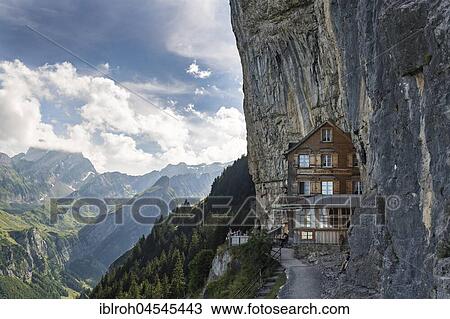Stock Image - Aescher guesthouse near Wildkirchli below the Ebenalp, Alpstein, Canton of Appenzell Innerrhoden, Switzerland, Europe. Fotosearch