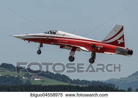 Aircraft, Northrop F-5E Tiger II from the Patrouille Suisse, Swiss aerobatic squadron during landing approach on the home base in Emmen, Lucerne, Switzerland, Europe View Large Photo Image Stock Photography - Aircraft, Northrop F-5E Tiger II from the Patrouille Suisse, Swiss aerobatic squadron during landing approach on the home base in Emmen, Lucerne, Switzerland, Europe. Fotosearch