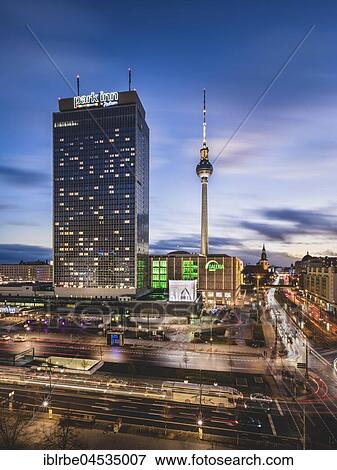 Alexanderplatz with television tower and hotel park inn, blue hour, Berlin, Germany, Europe View Large Photo Image Stock Photo - Alexanderplatz with television tower and hotel park inn, blue hour, Berlin, Germany, Europe. Fotosearch