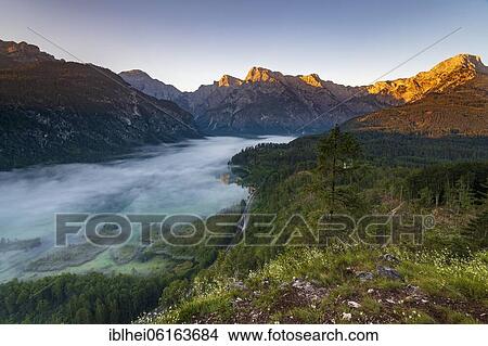 Picture - Almsee im Nebel, Totes Gebirge, Almtal, Salzkammergut, Upper Austria, Austria, Europe. Fotosearch