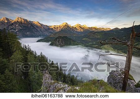 Stock Photo - Almsee im Nebel, Totes Gebirge, Almtal, Salzkammergut, Upper Austria, Austria, Europe. Fotosearch