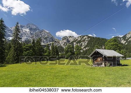 Alpine cabin on the Rohnalm alp, Rohntal, Karwendel, Tyrol, Austria, Europe View Large Photo Image Stock Photo - Alpine cabin on the Rohnalm alp, Rohntal, Karwendel, Tyrol, Austria, Europe. Fotosearch