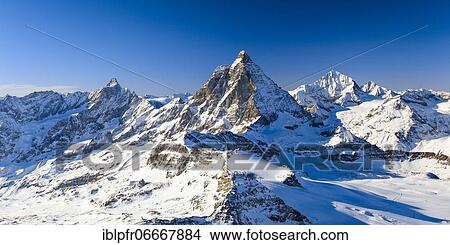 Picture - Alps, View Klein Matterhorn, Dent d'Herens, 4171 (m), Matterhorn, 4478 m, Dent blanche, 4357 m, Valais, Switzerland, Europe. Fotosearch