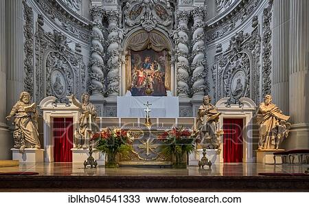 Stock Image - Altar in the Theatine Church in Munich, Munich, Bavaria, Germany, Europe. Fotosearch