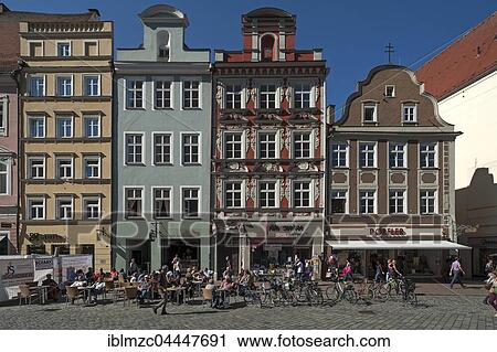 Stock Image - Alte Bürgerhäuser, row of historic houses, pedestrian area, historic centre, Landshut, Lower Bavaria, Germany, Europe. Fotosearch