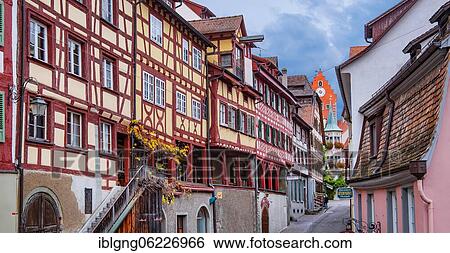 Stock Photograph - Altstadtgasse with half-timbered houses, Meersburg, Lake Constance, Upper Swabian Baroque Street, Baden-Württemberg, Germany, Europe. Fotosearch