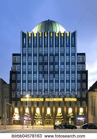 Anzeiger high-rise building at Steintor, 1928, twilight, brick expressionism, architect Fritz Höger, Hanover, Lower Saxony, Germany, Europe View Large Photo Image Stock Image - Anzeiger high-rise building at Steintor, 1928, twilight, brick expressionism, architect Fritz Höger, Hanover, Lower Saxony, Germany, Europe. Fotosearch