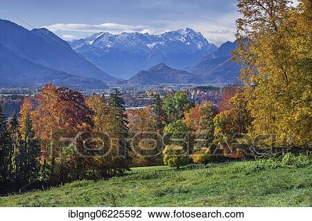 Stock Image - Autumn landscape above the Murnauer moss with Zugspitze group near Hagen, district of Murnau, The Blue Land, Upper Bavaria, Bavaria, Germany, Europe. Fotosearch