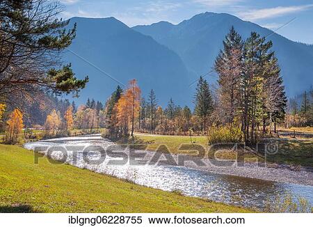 Stock Photography - Autumn landscape at the Ammer, Oberammergau, Ammertal, Ammergau Alps, Upper Bavaria, Bavaria, Germany, Europe. Fotosearch