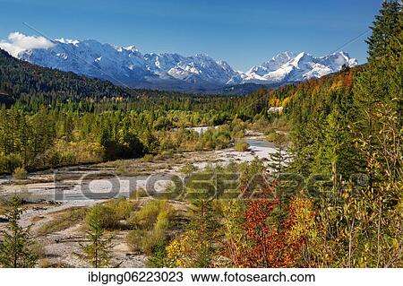 Autumn landscape in the Isar valley with Wetterstein range, Wallgau, Isar, Werdenfelser Land, Alpenwelt Karwendel, Upper Bavaria, Bavaria, Germany, Europe View Large Photo Image Stock Image - Autumn landscape in the Isar valley with Wetterstein range, Wallgau, Isar, Werdenfelser Land, Alpenwelt Karwendel, Upper Bavaria, Bavaria, Germany, Europe. Fotosearch