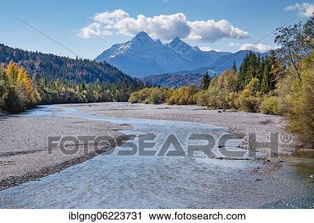 Stock Image - Autumn landscape in the Isar valley with Arnspitz group in the Wetterstein range, Wallgau, Isar, Werdenfelser Land, Alpenwelt Karwendel, Upper Bavaria, Bavaria, Germany, Europe. Fotosearch