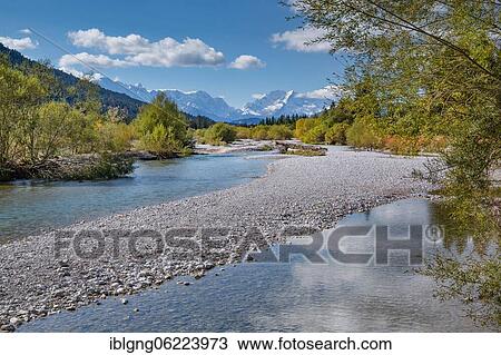 Stock Image - Autumn landscape in the Isar valley with Wetterstein range, Wallgau, Isar, Werdenfelser Land, Alpenwelt Karwendel, Upper Bavaria, Bavaria, Germany, Europe. Fotosearch