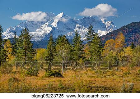 Autumn landscape in the Isar valley with Alpspitze and Zugspitze in the Wetterstein range, Wallgau, Isar, Werdenfelser Land, Alpenwelt Karwendel, Upper Bavaria, Bavaria, Germany, Europe View Large Photo Image Stock Photography - Autumn landscape in the Isar valley with Alpspitze and Zugspitze in the Wetterstein range, Wallgau, Isar, Werdenfelser Land, Alpenwelt Karwendel, Upper Bavaria, Bavaria, Germany, Europe. Fotosearch