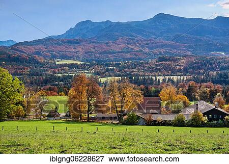 Stock Photo - Autumn landscape near Guglhör with Herzogstand and Heimgarten, Murnau, The Blue Land, Upper Bavaria, Bavaria, Germany, Europe. Fotosearch