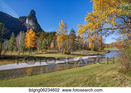 Stock Image - Autumn landscape on the Ammer with Kofel, Oberammergau, Ammertal, Ammergau Alps, Upper Bavaria, Bavaria, Germany, Europe. Fotosearch