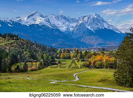 Stock Photo - Autumn landscape on the Philosophenweg with Zugspitze group, Garmisch-Partenkirchen, Wetterstein range, Loisachtal, Werdenfelser Land, Upper Bavaria, Bavaria, Germany, Europe. Fotosearch